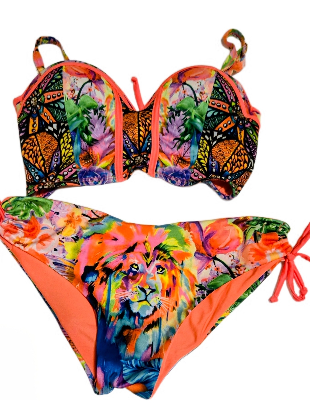 Vibrant Tropical Lion Print Bikini Set - Neon Coral Accents